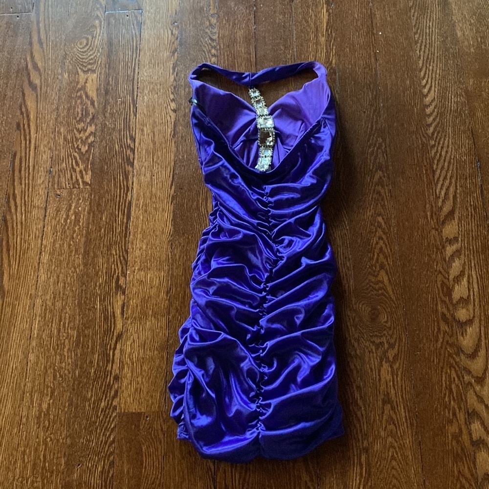 Deb Purple Satin Ruched Halter Mini Dress Rhinestone Back Party Cocktail SIZE S - Picture 6 of 7